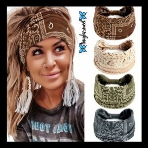 🆕️PAISLEY BOHO BANDANA HEADBAND SET~ BROWN, CREAM, GREEN & DARK GRAY